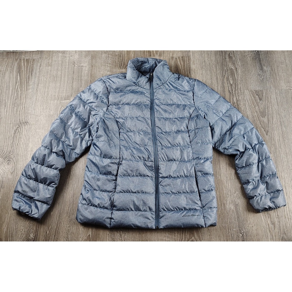 Eddie Bauer Down Puffer Jacket Large Quilted Lightweight Packable Blue Full Zip